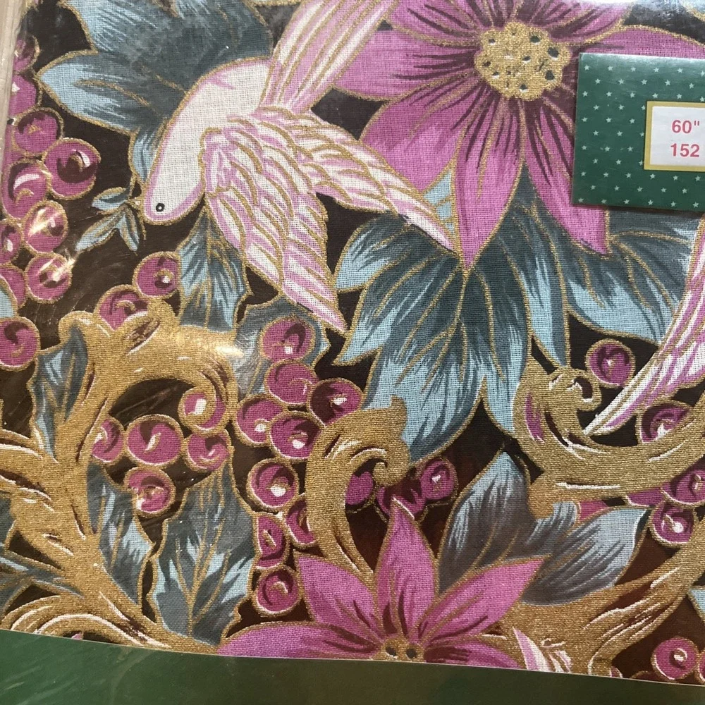 Christmas Holiday Fabric Tablecloth Purple Turquoise Birds Poinsettias 60x84